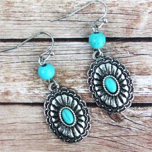 NEW Turquoise Bead and Burnished Silvertone Concho Earrings